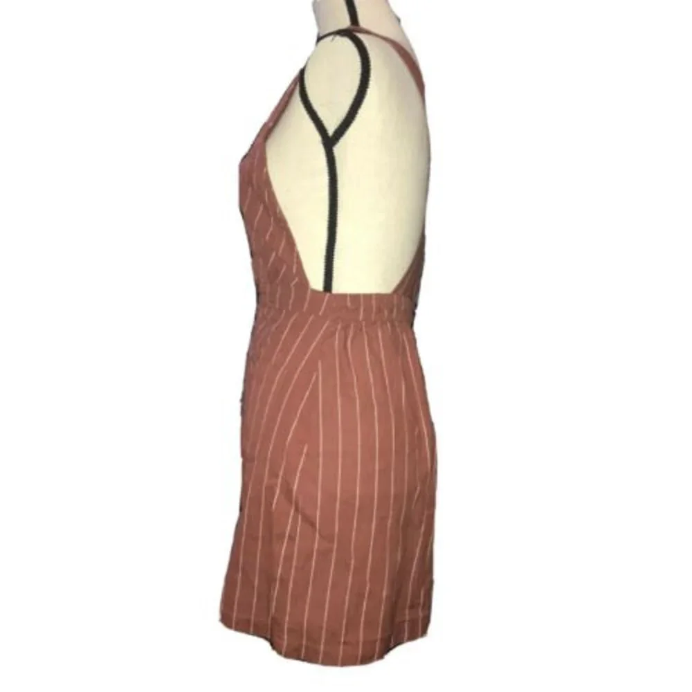 Japna Striped Linen Blend Dress Vintage Overall Feel Crisscross Back Pinafore M - Picture 3 of 11
